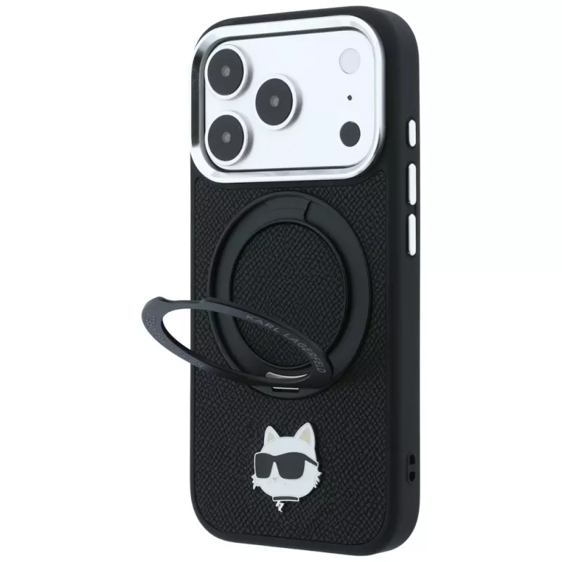 Karl Lagerfeld KF003216 Ring Stand 360 Choupette Head Pin MagSafe custodia per iPhone 18 Pro Max / 17 Pro Max, nera