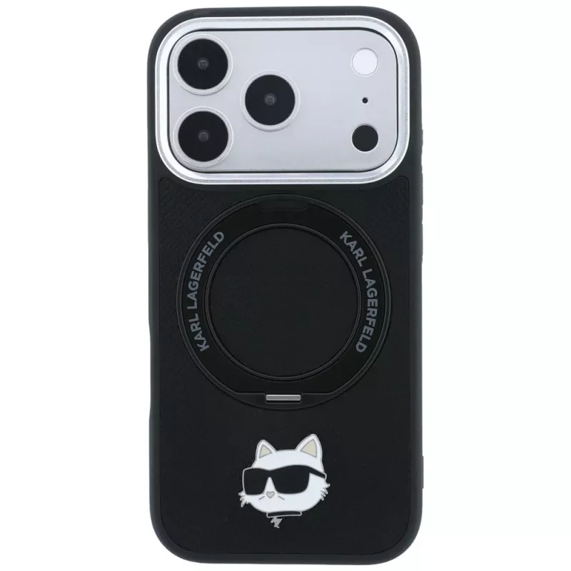 Karl Lagerfeld KF003216 Ring Stand 360 Choupette Head Pin MagSafe custodia per iPhone 18 Pro Max / 17 Pro Max, nera