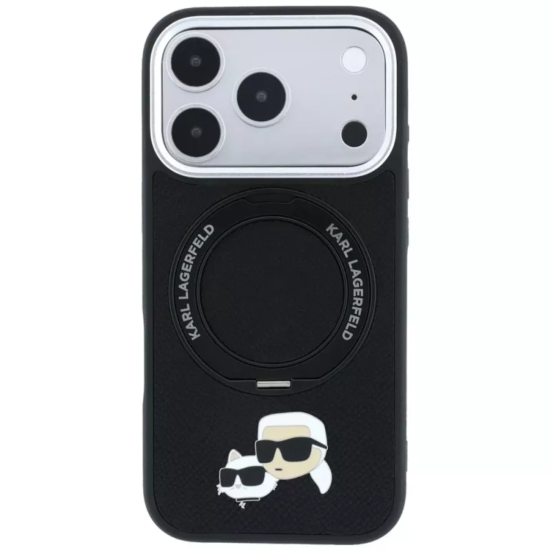 Karl Lagerfeld Ring Stand 360 Karl & Choupette Heads Pin custodia con MagSafe per iPhone 18 Pro / 17 Pro, nera