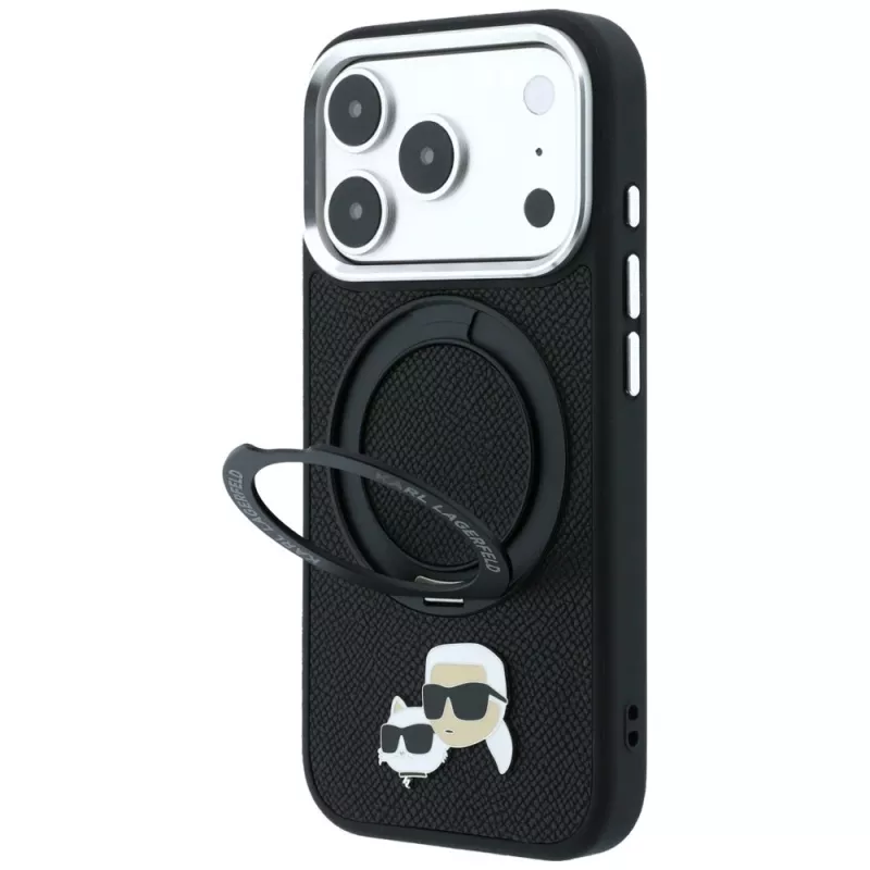 Karl Lagerfeld Ring Stand 360 Karl & Choupette Heads Pin MagSafe custodia per iPhone 18 Pro Max / 17 Pro Max, nera
