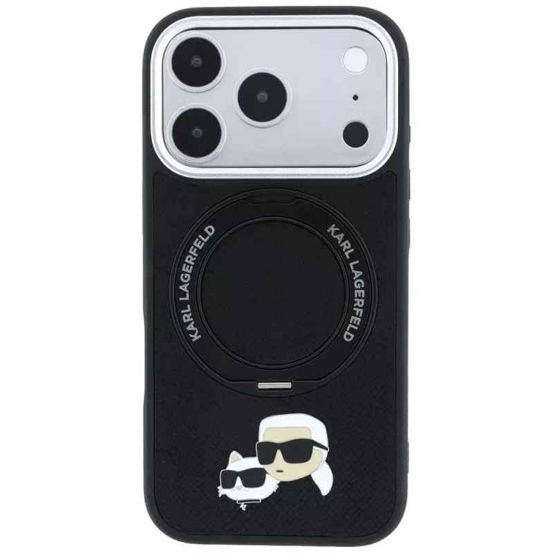 Karl Lagerfeld Ring Stand 360 Karl & Choupette Heads Pin MagSafe custodia per iPhone 18 Pro Max / 17 Pro Max, nera