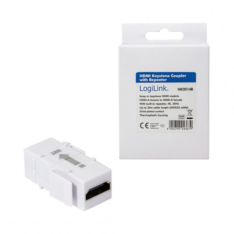 LogiLink NK0014R accoppiatore HDMI keystone A/F-HDMI A/F, 4K/30 Hz, ripetitore, bianco