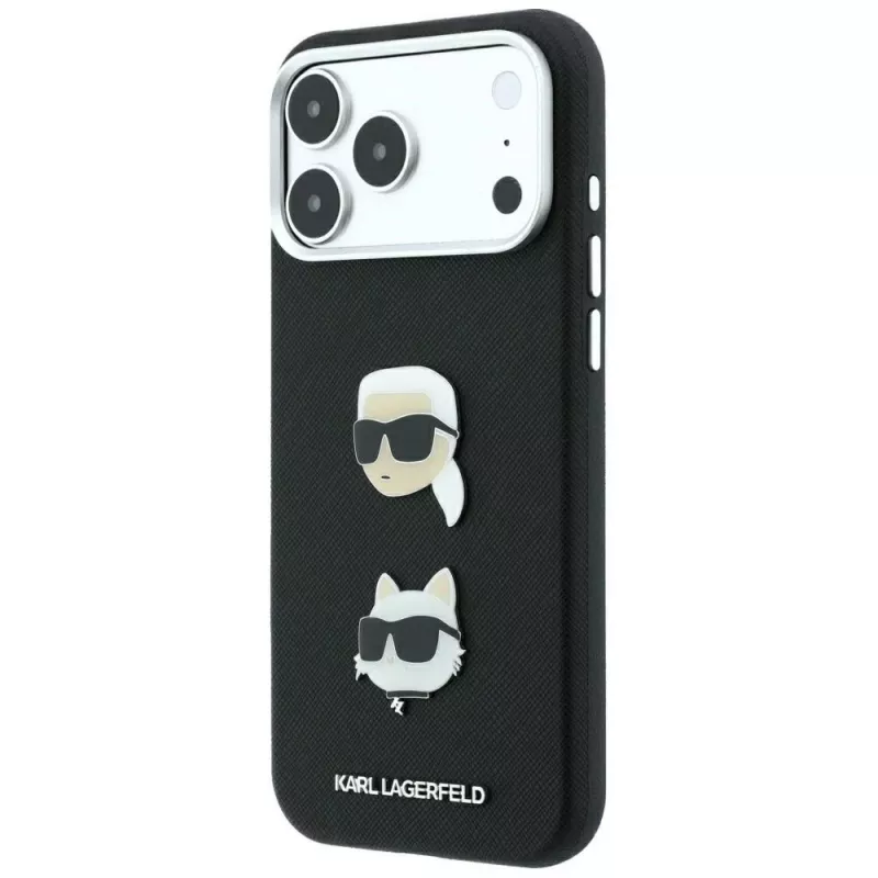 Karl Lagerfeld KF003250 custodia per iPhone 18 Pro Max / 17 Pro Max, Saffiano with Karl & Choupette Heads Pins & Logo, nera