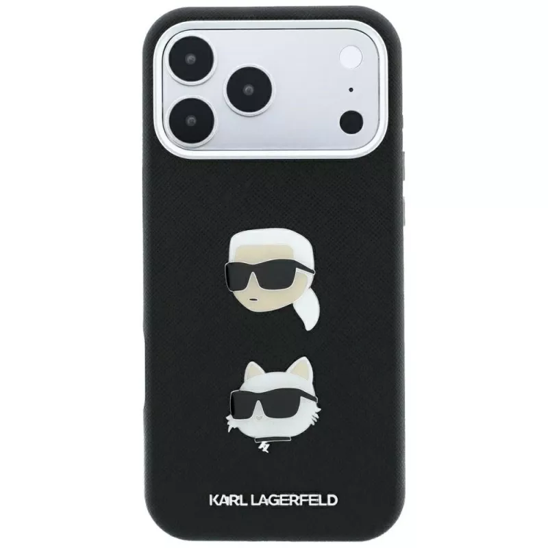 Karl Lagerfeld KF003250 custodia per iPhone 18 Pro Max / 17 Pro Max, Saffiano with Karl & Choupette Heads Pins & Logo, nera