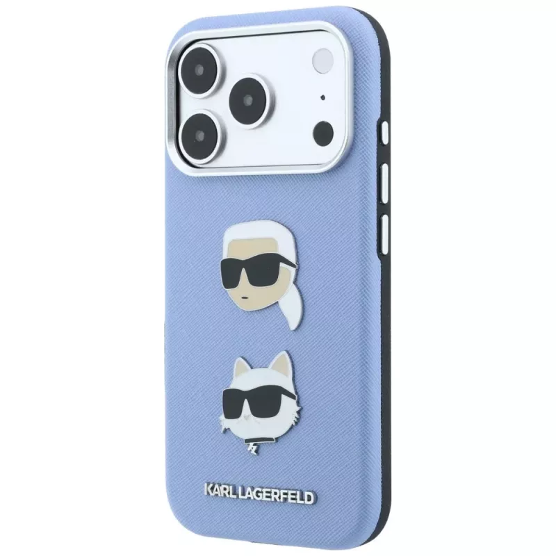 Karl Lagerfeld KF003247 custodia Saffiano con Karl & Choupette Heads Pins & Logo per iPhone 18 Pro / 17 Pro, azzurra