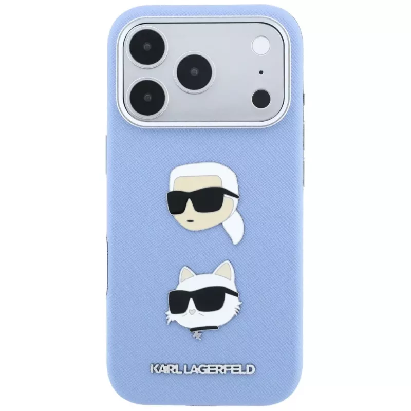 Karl Lagerfeld KF003247 custodia Saffiano con Karl & Choupette Heads Pins & Logo per iPhone 18 Pro / 17 Pro, azzurra