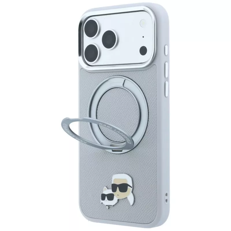 Custodia Karl Lagerfeld KF003229 con anello di supporto 360 Karl & Choupette Heads Pin MagSafe per iPhone 18 Pro / 17 Pro, grigia