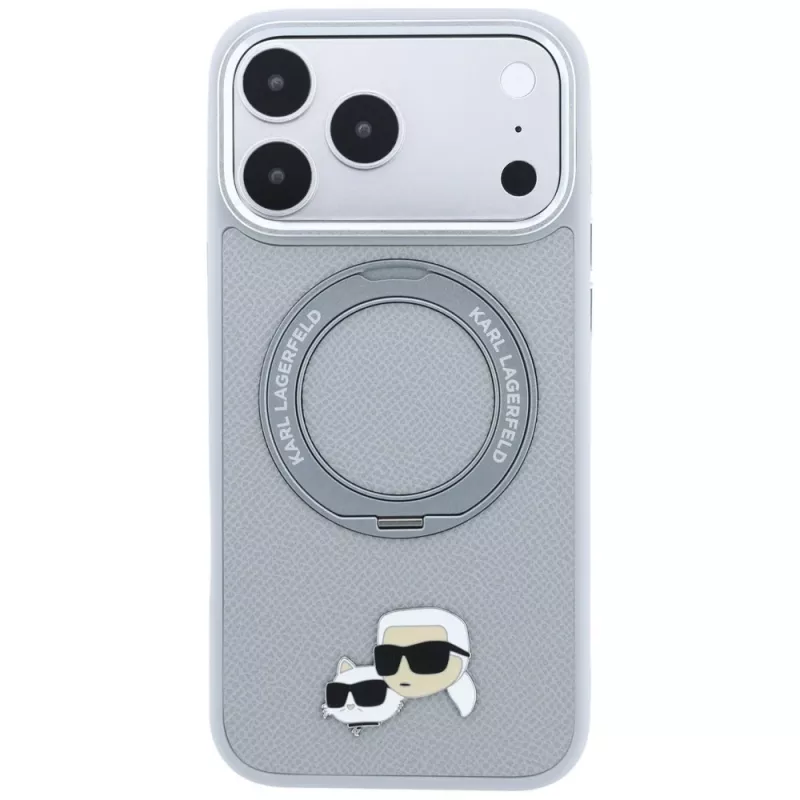 Custodia Karl Lagerfeld KF003229 con anello di supporto 360 Karl & Choupette Heads Pin MagSafe per iPhone 18 Pro / 17 Pro, grigia