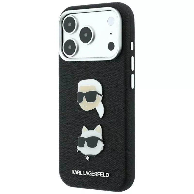 Karl Lagerfeld KF003249 Saffiano with Karl & Choupette Heads Pins & Logo custodia per iPhone 18 Pro / 17 Pro, nera