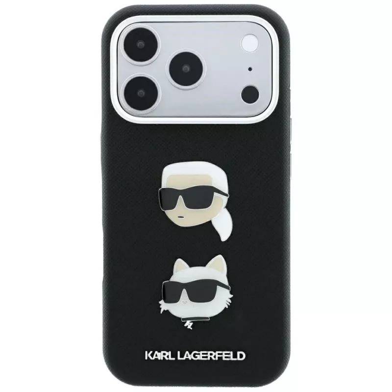Karl Lagerfeld KF003249 Saffiano with Karl & Choupette Heads Pins & Logo custodia per iPhone 18 Pro / 17 Pro, nera