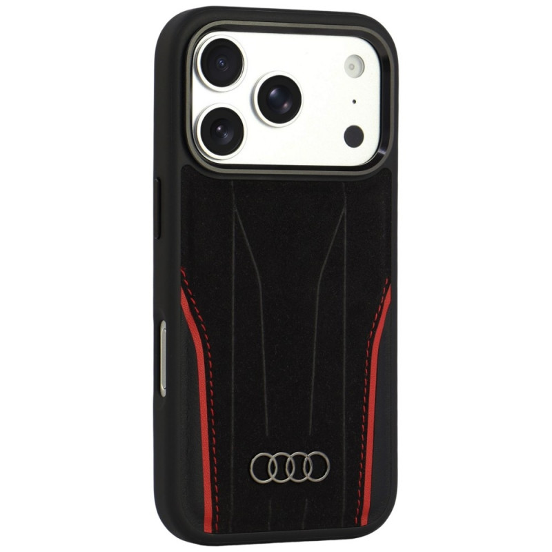 Custodia Audi R8 Genuine Leather MagSafe in vera pelle per iPhone 18 Pro / 17 Pro, nera e rossa (AUDI000239)