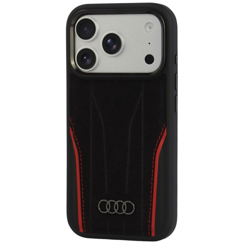 Custodia Audi R8 Genuine Leather MagSafe in vera pelle per iPhone 18 Pro / 17 Pro, nera e rossa (AUDI000239)