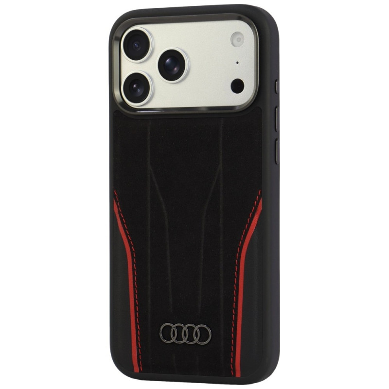 Custodia Audi R8 Genuine Leather MagSafe in vera pelle per iPhone 18 Pro Max / 17 Pro Max, nera e rossa (AUDI000240)