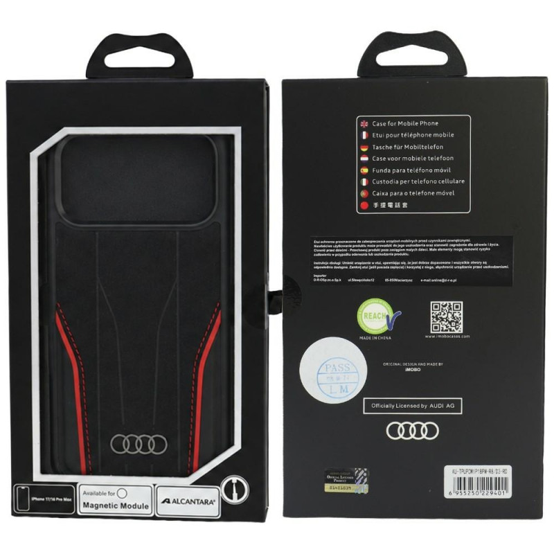 Custodia Audi R8 Genuine Leather MagSafe in vera pelle per iPhone 18 Pro Max / 17 Pro Max, nera e rossa (AUDI000240)