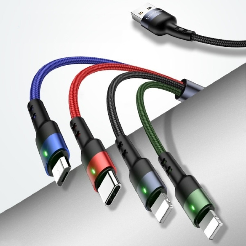 USAMS U26 SJ413USB01 (US-SJ413) cavo intrecciato in nylon 4 in 1, 3 m, 2 A (2x Lightning/microUSB/USB-C)
