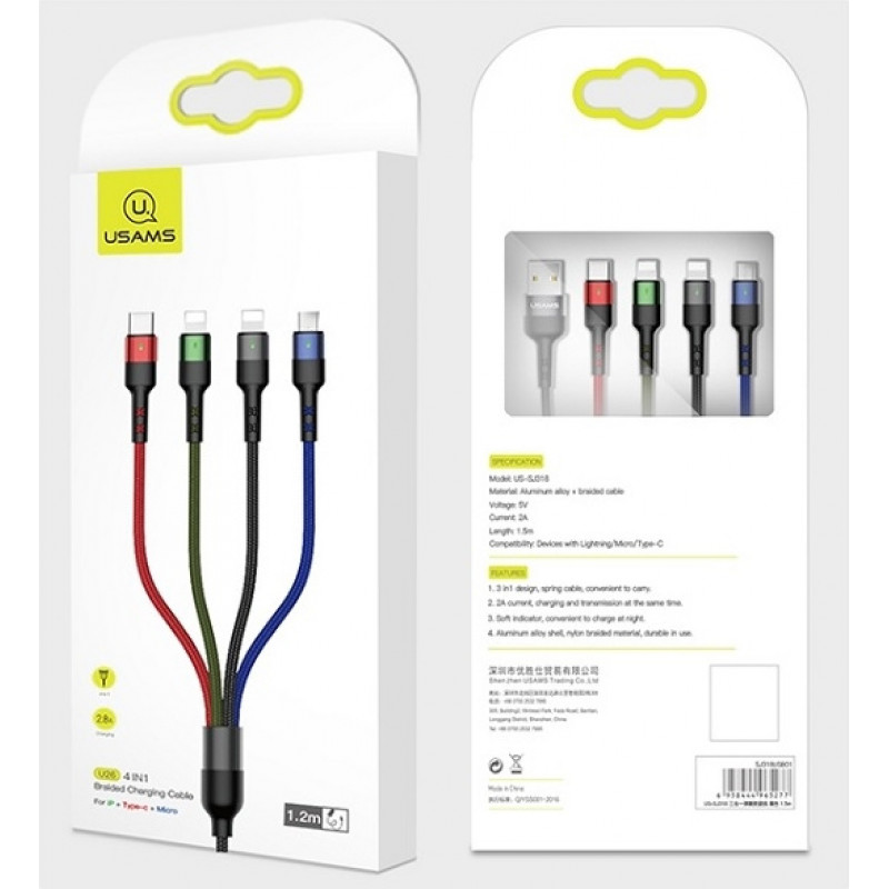 USAMS U26 SJ413USB01 (US-SJ413) cavo intrecciato in nylon 4 in 1, 3 m, 2 A (2x Lightning/microUSB/USB-C)