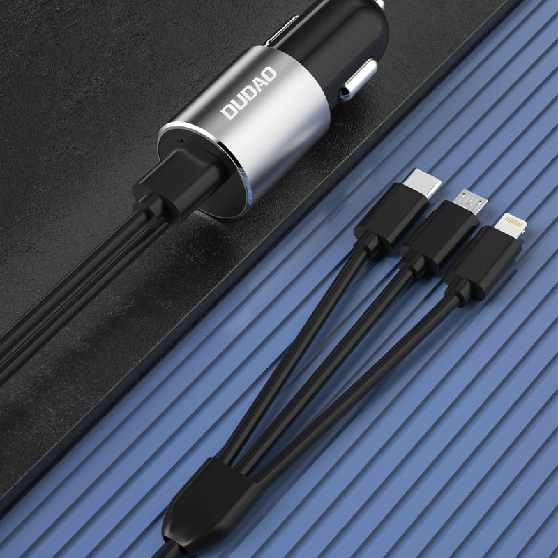 Dudao R5ProN caricabatterie da auto con cavo 3 in 1 integrato (Lightning / USB-C / micro USB), 3,4 A, 1 m, nero