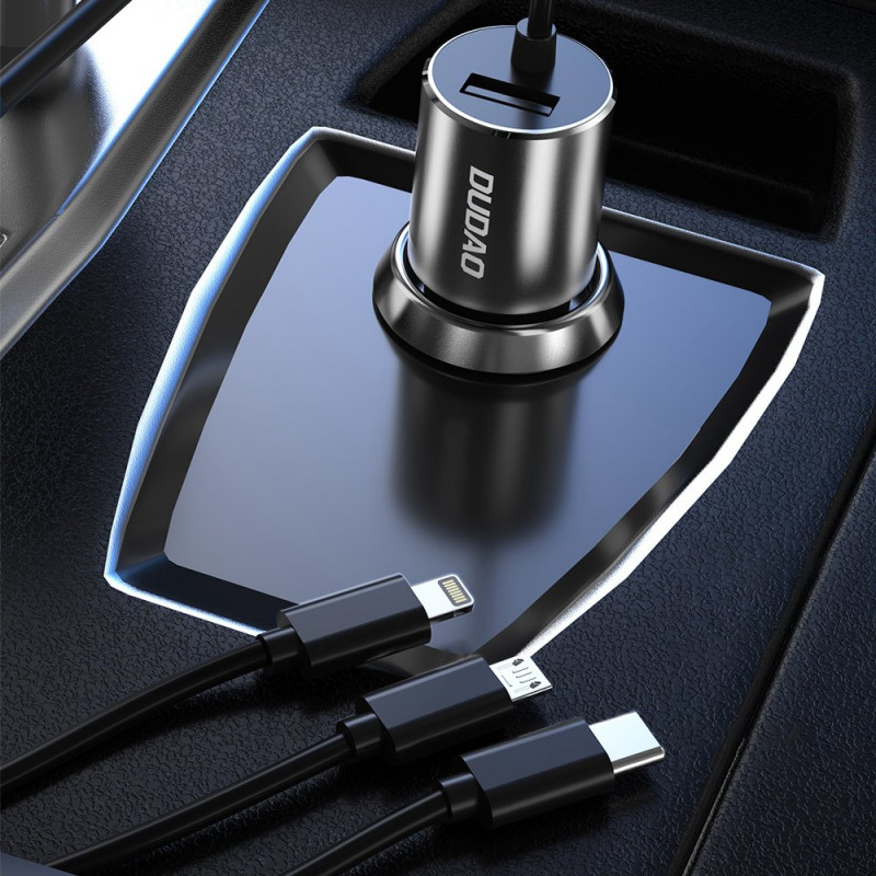 Dudao R5ProN caricabatterie da auto con cavo 3 in 1 integrato (Lightning / USB-C / micro USB), 3,4 A, 1 m, nero