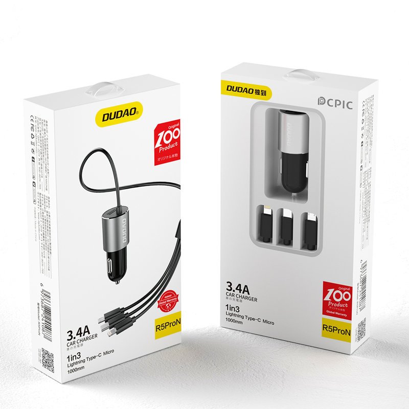 Dudao R5ProN caricabatterie da auto con cavo 3 in 1 integrato (Lightning / USB-C / micro USB), 3,4 A, 1 m, nero