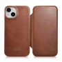 iCarer CE Oil Wax Premium Leather Folio Case custodia a libro magnetica per iPhone 14 Plus, MagSafe, marrone (AKI14220707-BN)