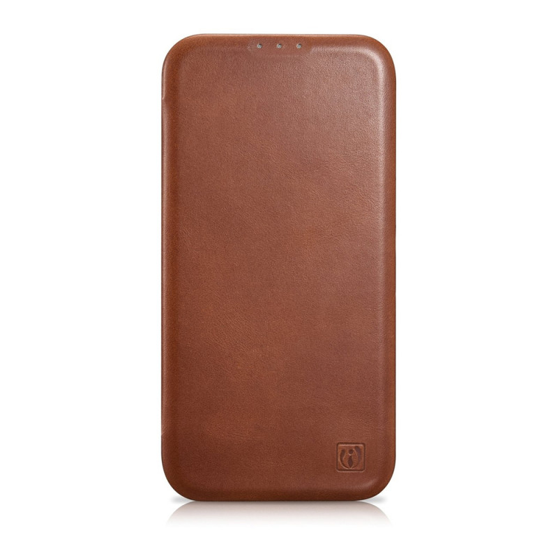 iCarer CE Oil Wax Premium Leather Folio Case custodia a libro magnetica per iPhone 14 Plus, MagSafe, marrone (AKI14220707-BN)