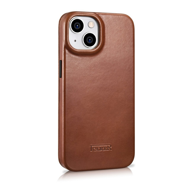 iCarer CE Oil Wax Premium Leather Folio Case custodia a libro magnetica per iPhone 14 Plus, MagSafe, marrone (AKI14220707-BN)