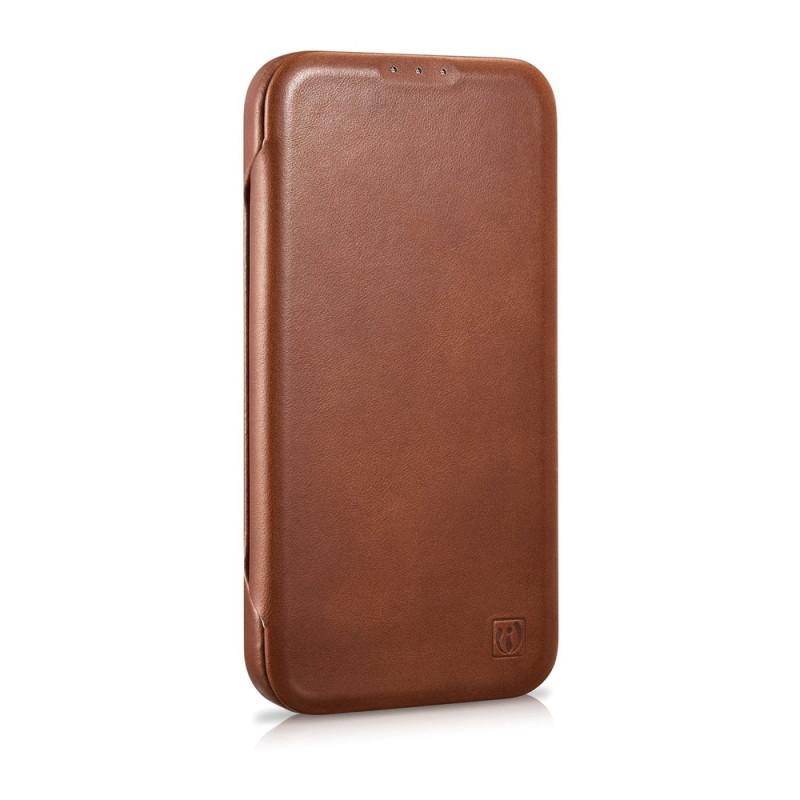 iCarer CE Oil Wax Premium Leather Folio Case custodia a libro magnetica per iPhone 14 Plus, MagSafe, marrone (AKI14220707-BN)