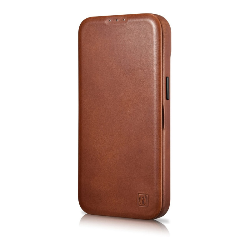 iCarer CE Oil Wax Premium Leather Folio Case custodia a libro magnetica per iPhone 14 Plus, MagSafe, marrone (AKI14220707-BN)