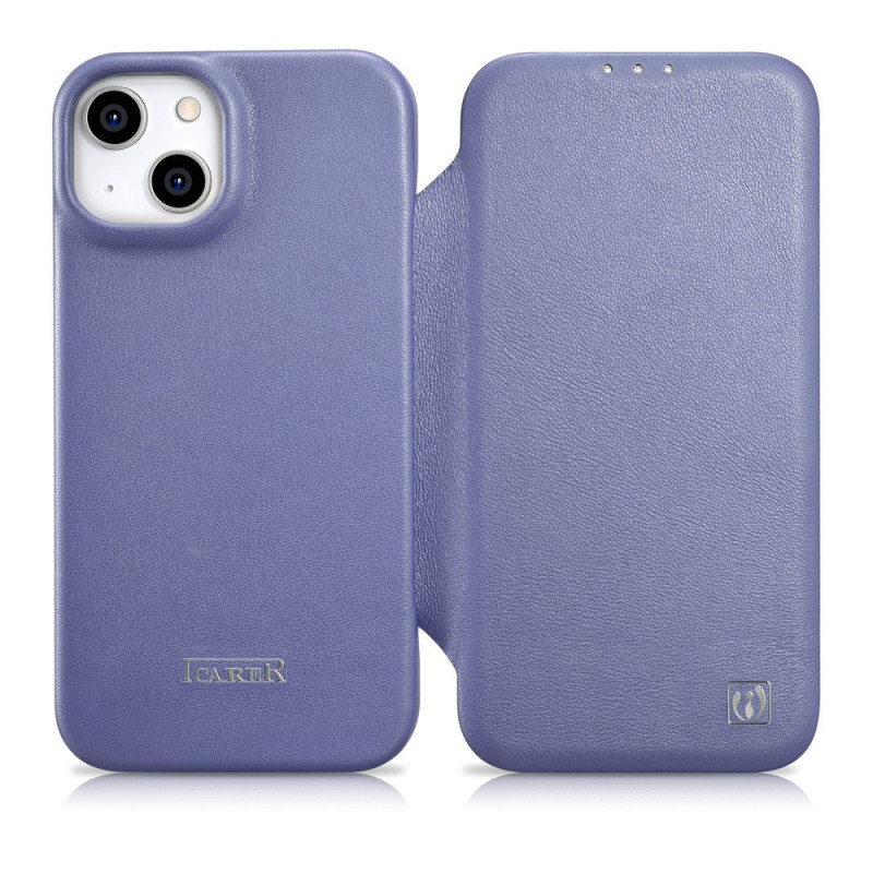 iCarer CE Premium Leather Folio Case custodia a libro in pelle per Apple iPhone 14 Plus / 15 Plus, MagSafe, viola chiaro (ICR413)