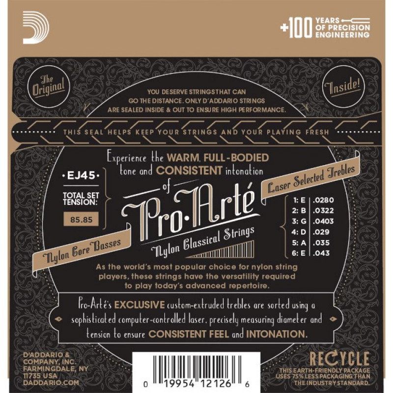 D'Addario EJ45 Pro-Arté corde in nylon per chitarra classica, tensione normale, 28-43