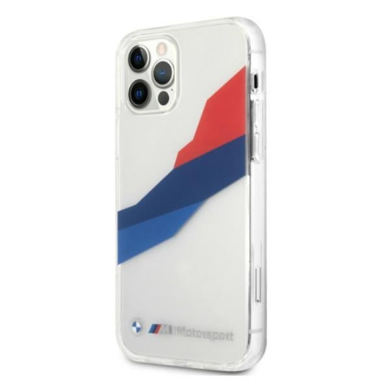 Custodia rigida BMW BMHCP12LSKTGT Motorsport Tricolor per Apple iPhone 12 Pro Max, trasparente