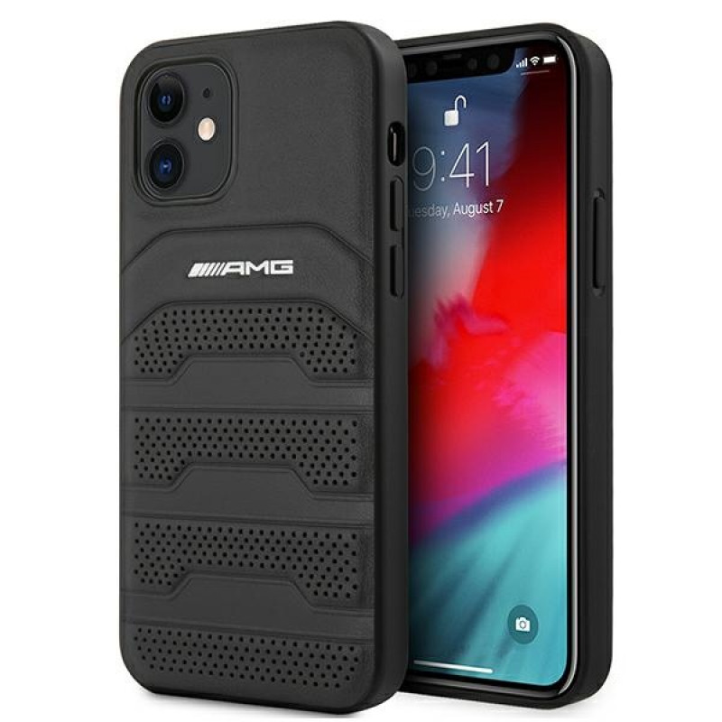 Custodia rigida Mercedes-AMG AMHCP12SGSEBK Leather Debossed Lines per Apple iPhone 12 mini, nera
