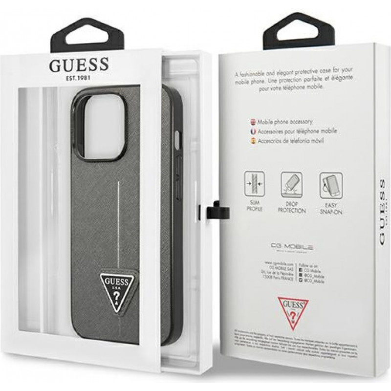 Guess GUHCP13LPSATLG cover rigida per Apple iPhone 13 Pro, Saffiano Triangle Logo, argento