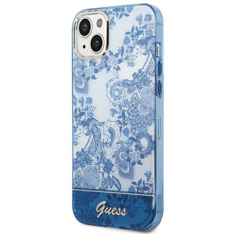 Guess GUHCP14MHGPLHB cover rigida per Apple iPhone 14 Plus / 15 Plus, Porcelain Collection, blu