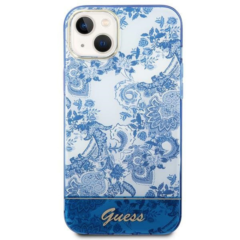 Guess GUHCP14MHGPLHB cover rigida per Apple iPhone 14 Plus / 15 Plus, Porcelain Collection, blu