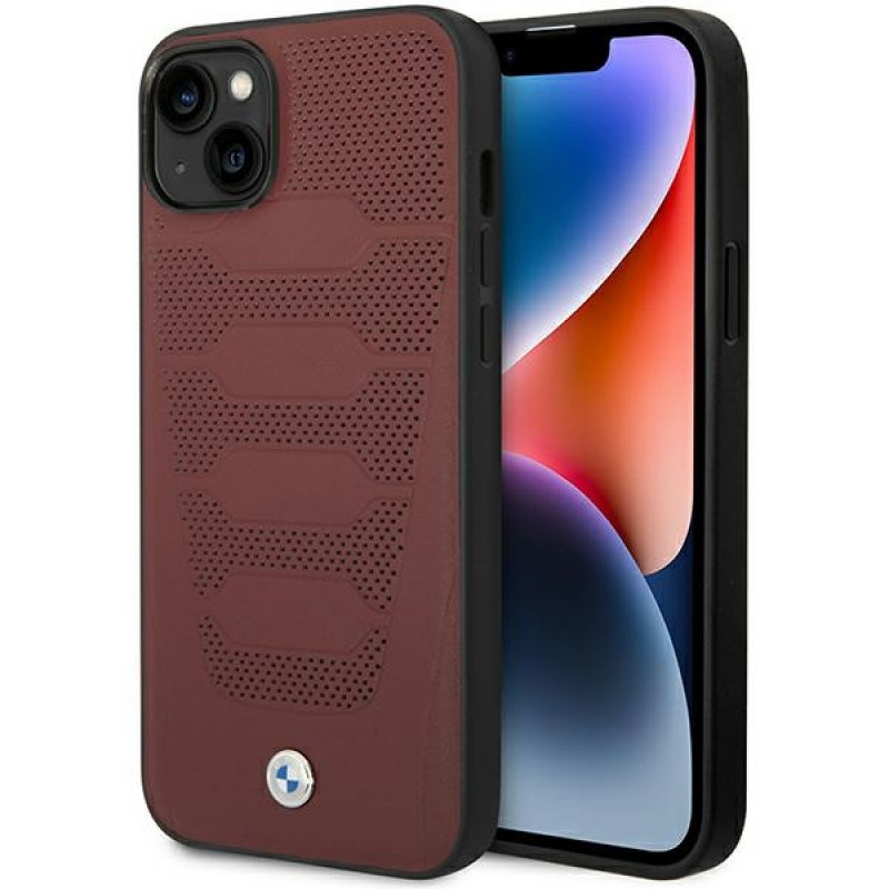 BMW BMHCP14S22RPSR custodia per iPhone 14, bordeaux, Leather Seats Pattern