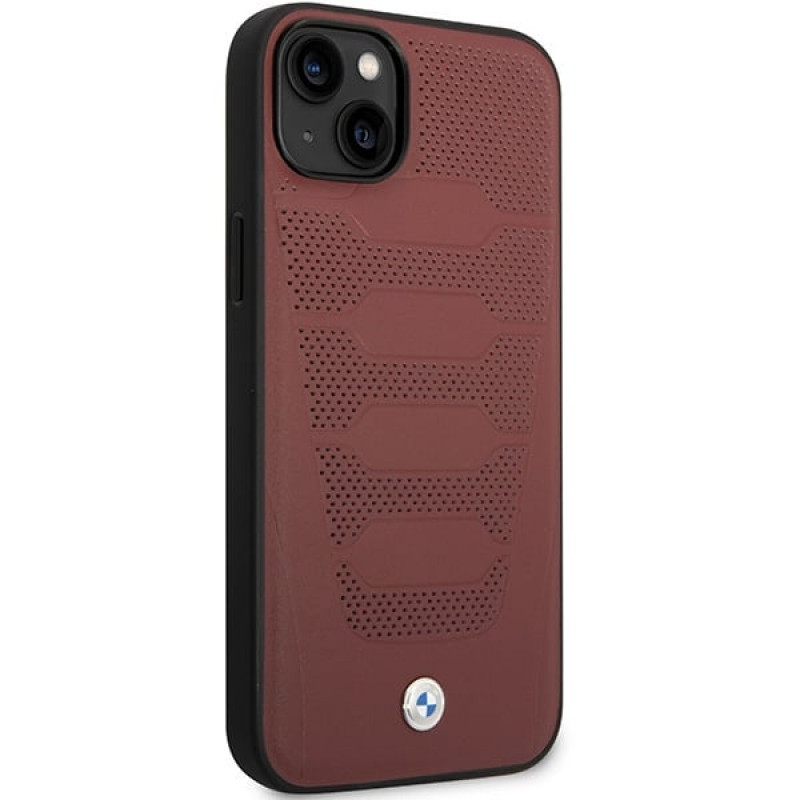 BMW BMHCP14S22RPSR custodia per iPhone 14, bordeaux, Leather Seats Pattern