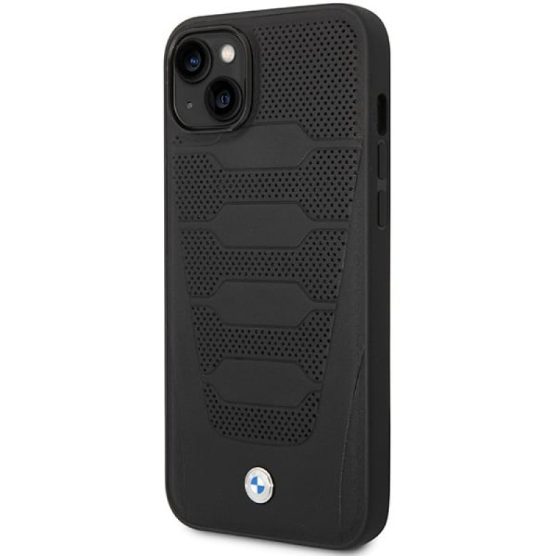 BMW BMHCP14S22RPSK custodia per iPhone 14, nera, Leather Seats Pattern