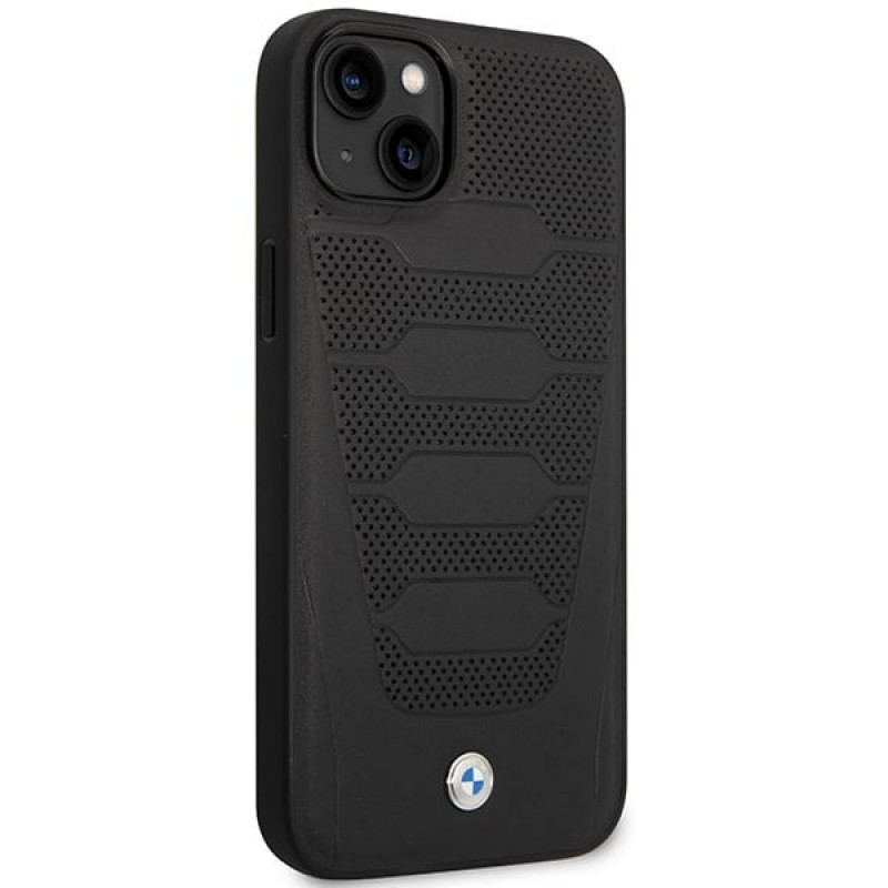 BMW BMHCP14S22RPSK custodia per iPhone 14, nera, Leather Seats Pattern