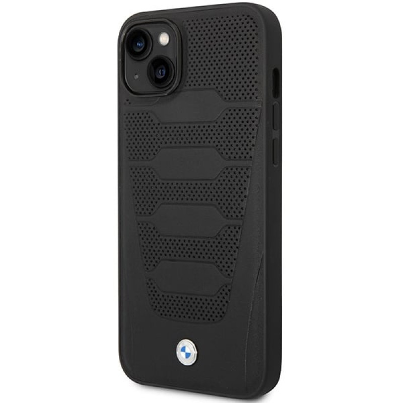BMW BMHCP14S22RPSK custodia per iPhone 14, nera, Leather Seats Pattern