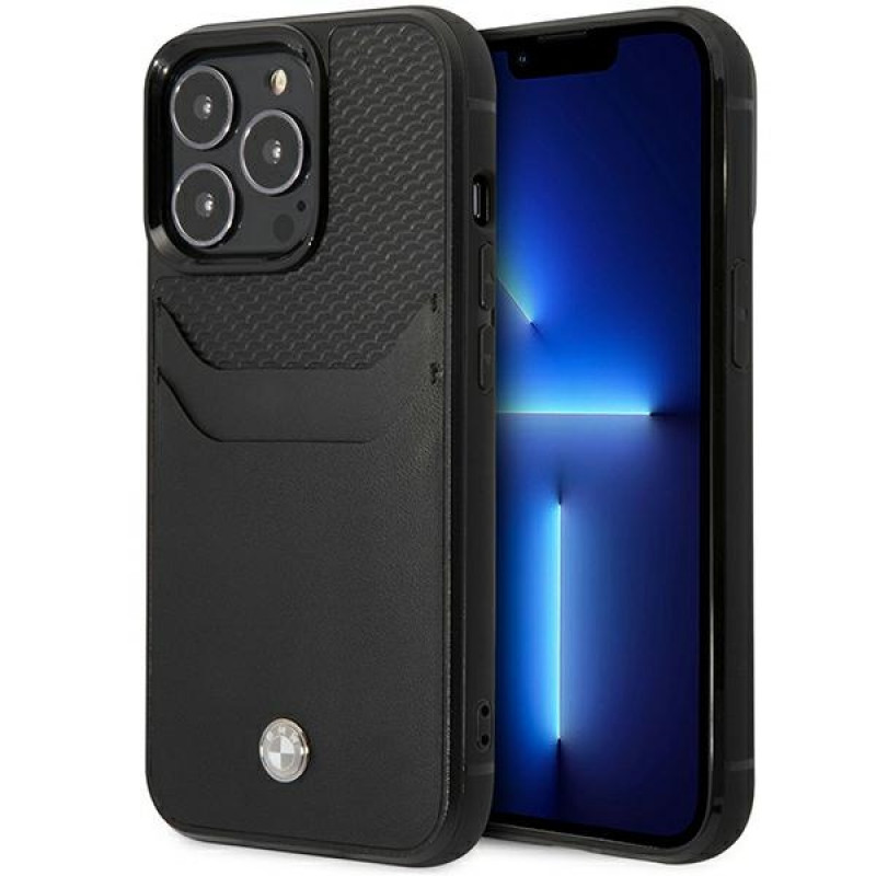 BMW BMHCP14L22RSEPK custodia per iPhone 14 Pro, nera, Leather Card Slot