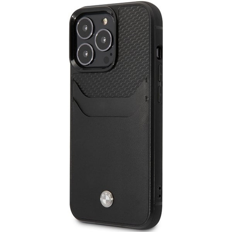 BMW BMHCP14L22RSEPK custodia per iPhone 14 Pro, nera, Leather Card Slot