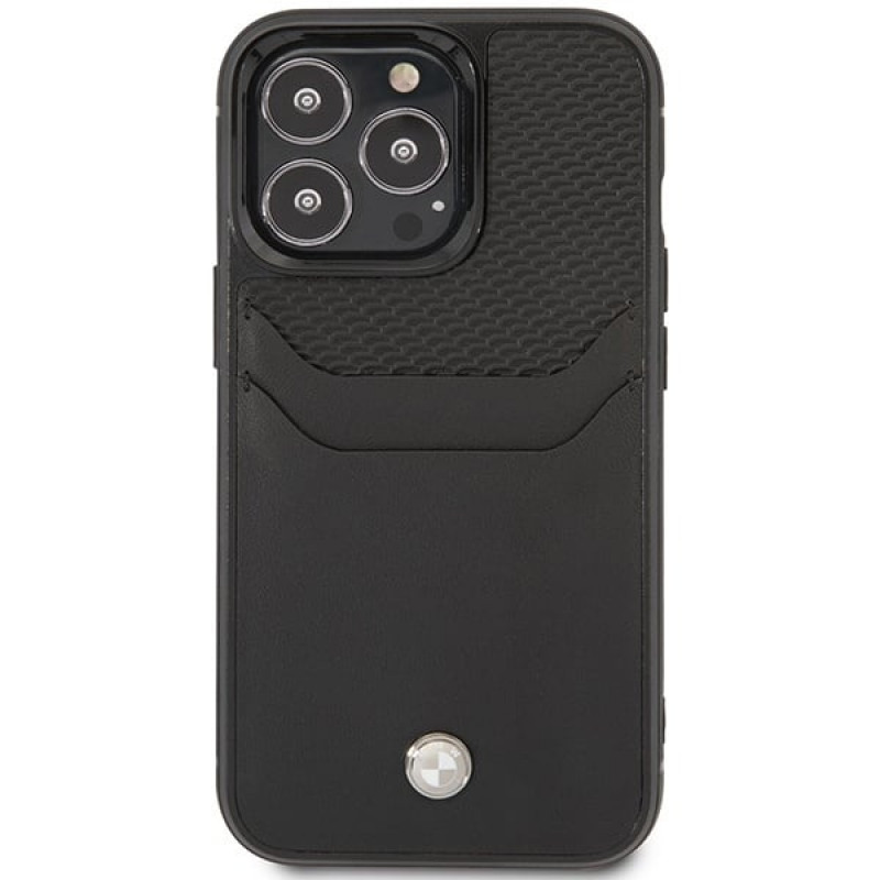 BMW BMHCP14L22RSEPK custodia per iPhone 14 Pro, nera, Leather Card Slot