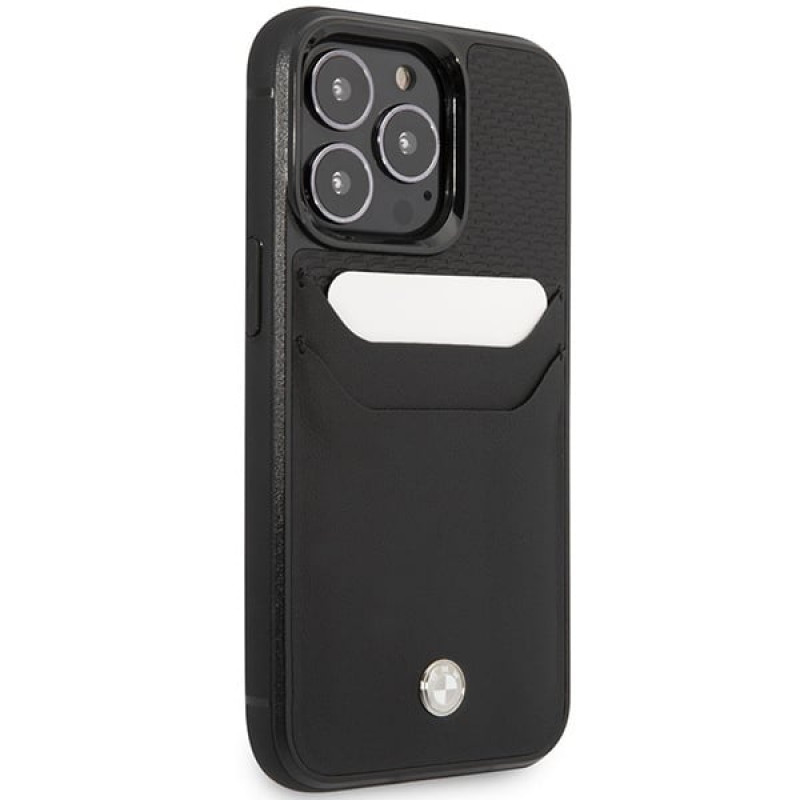 BMW BMHCP14X22RSEPK custodia per iPhone 14 Pro Max, nera, Leather Card Slot