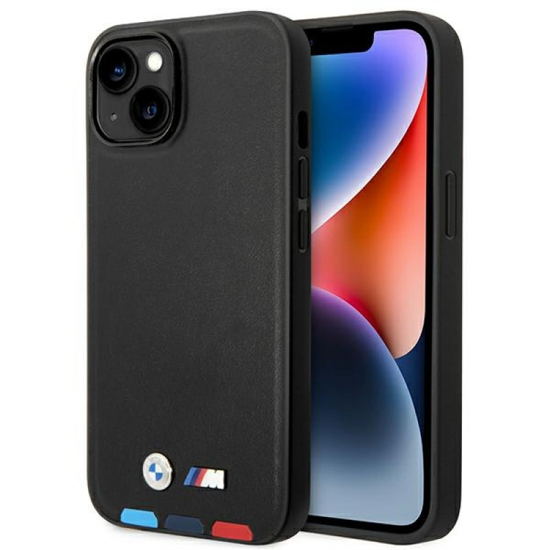 BMW BMHCP14M22PTDK custodia per iPhone 14 Plus, nera, Leather Stamp Tricolor