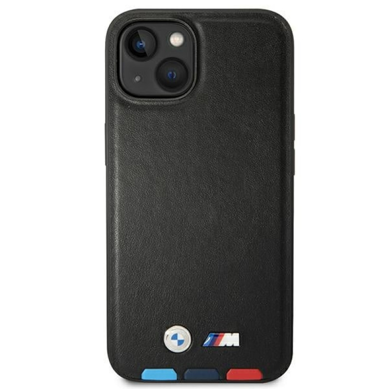 BMW BMHCP14M22PTDK custodia per iPhone 14 Plus, nera, Leather Stamp Tricolor