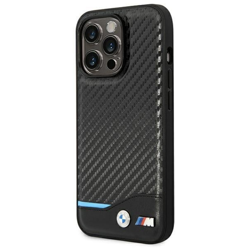 BMW BMHCP14L22NBCK custodia per iPhone 14 Pro, nera, Leather Carbon