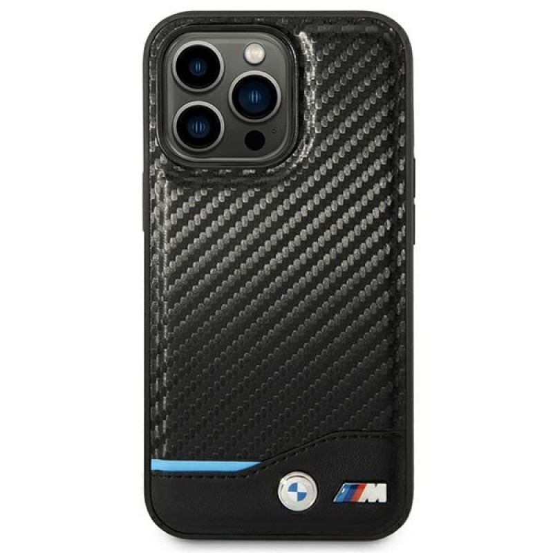 BMW BMHCP14L22NBCK custodia per iPhone 14 Pro, nera, Leather Carbon