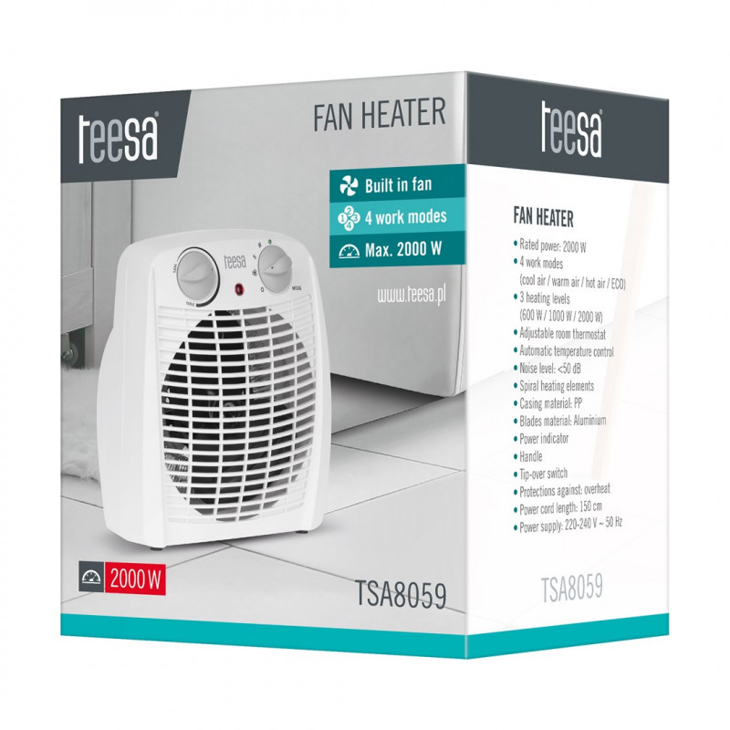 Teesa TSA8059 termoventilatore, 0,8/1,2/2 kW, bianco