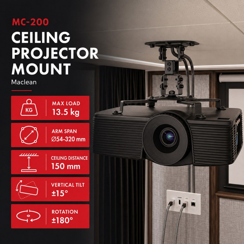 Maclean MC-200 B supporto a soffitto per proiettori, 54–320 mm, fino a 13,5 kg, nero